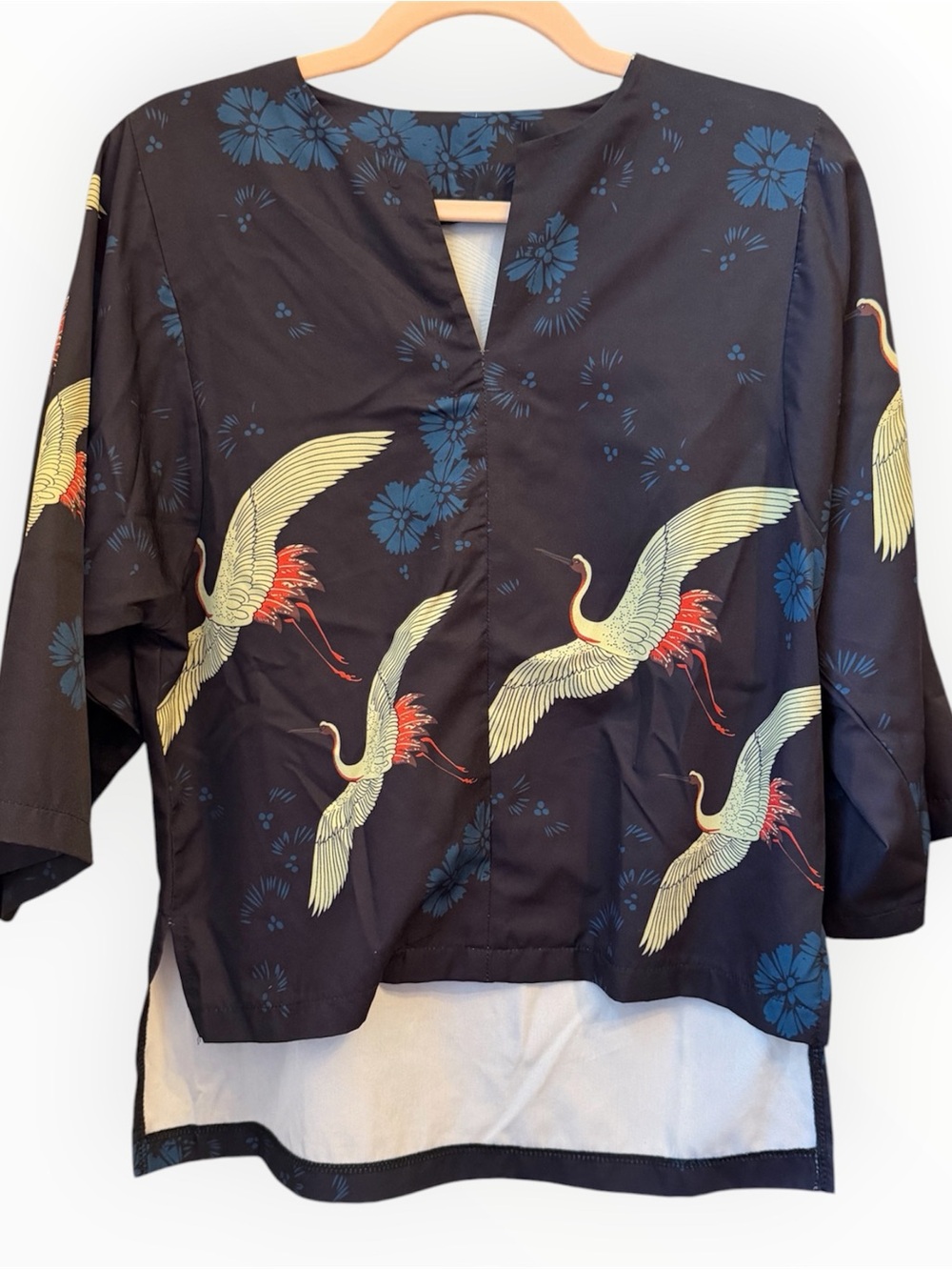 Japanese Inspired Crane Floral High Low Blouse Top 3/4 Sleeve